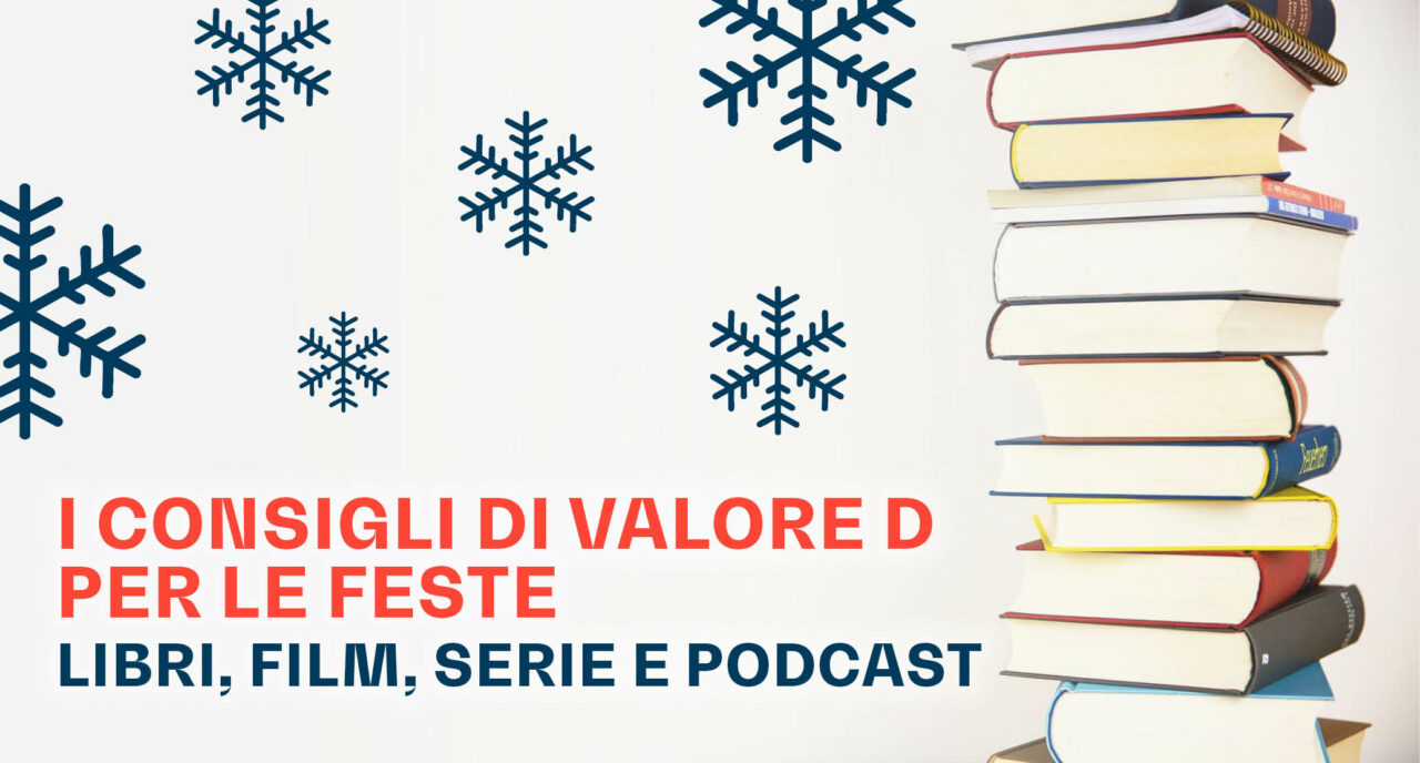 Grafica con pila di libri e fiocchi di neve illustrati